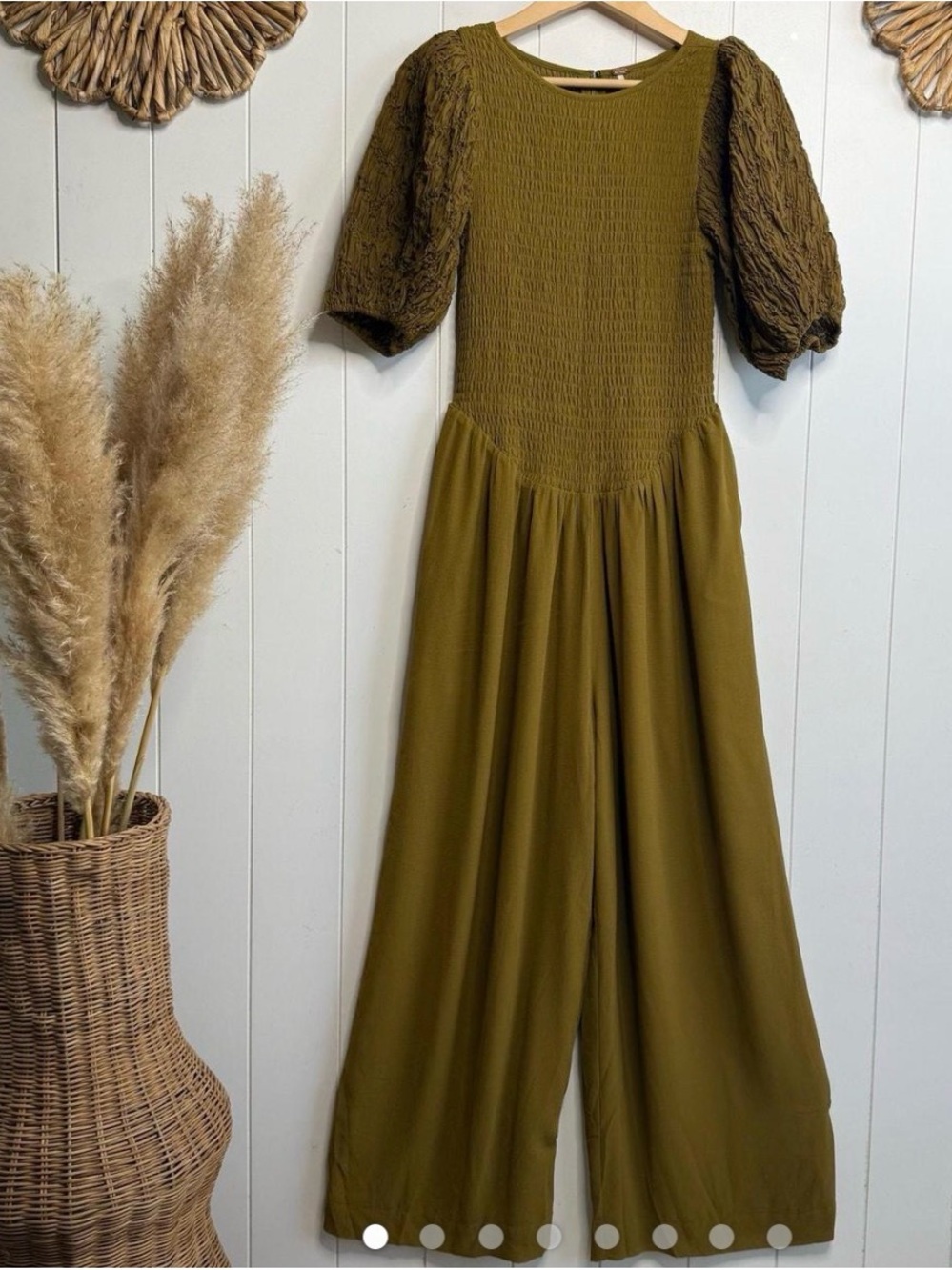 Smocked Olive Puff-Sleeve Wide Leg Jumpsuit